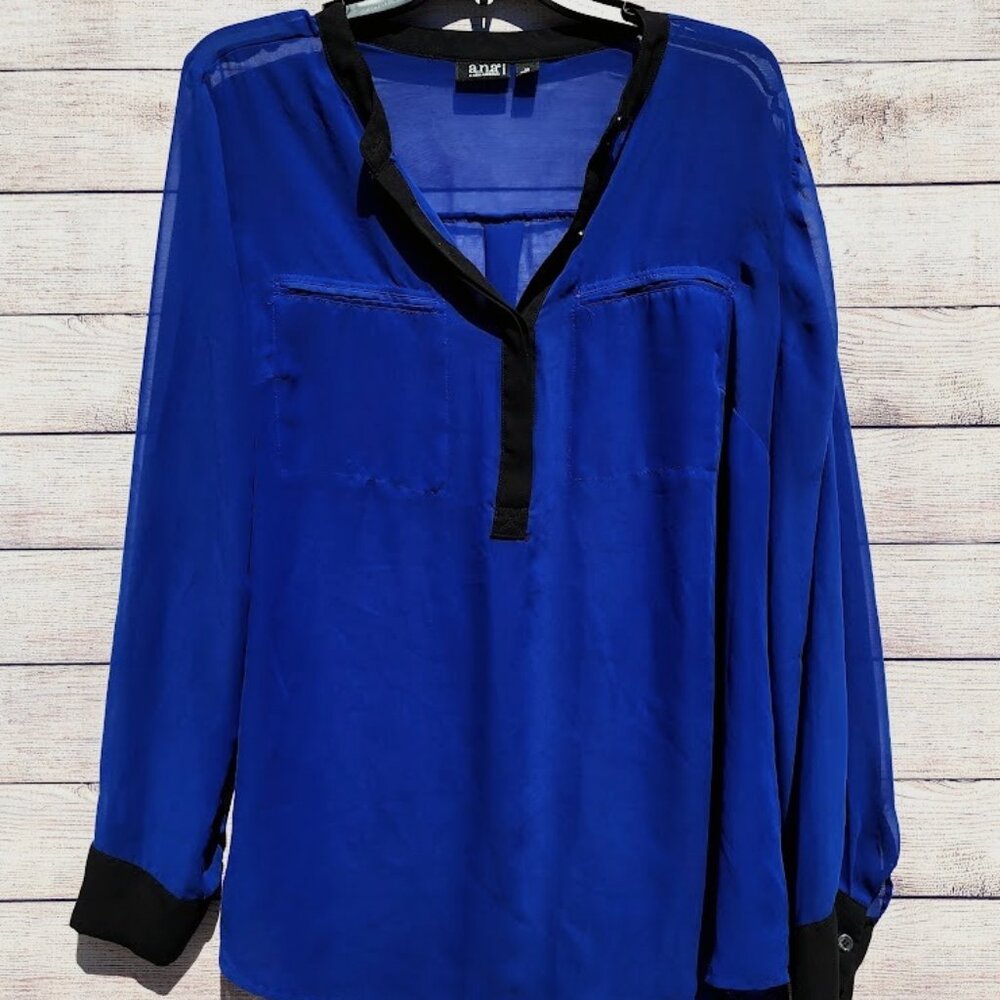 A.N.A. Women's 1X Sheer Electric Blue Blouse